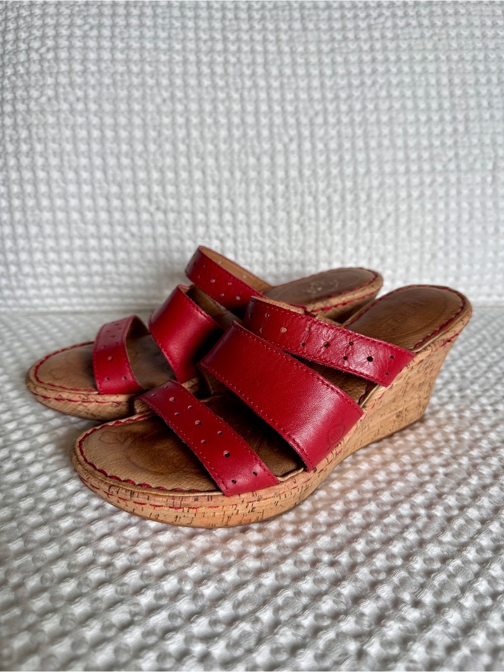 Born Women’s Red Leather Cork Wedge Sandals, Size 7